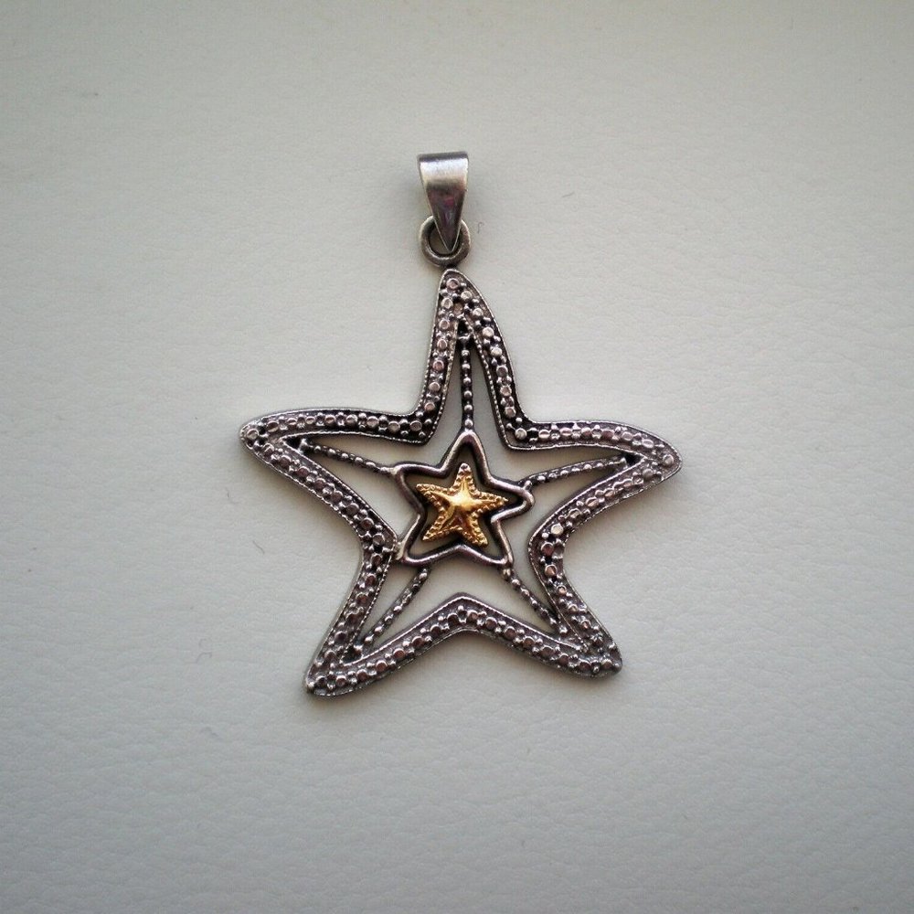 LARGE Love Earth Sterling Silver 925 10K Gold Sea Star Starfish Nautical Pendant